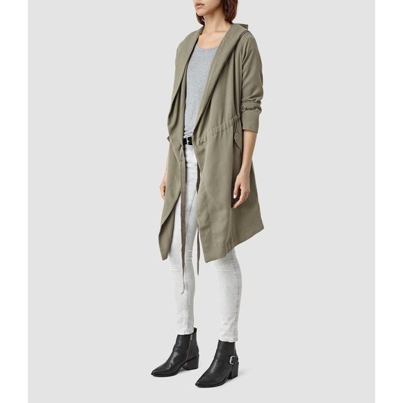 AllSaints Dark Sage Green Gray Lyocell Cupro Hooded Multi Wear Pelya Parka EUC 8 - Picture 3 of 12